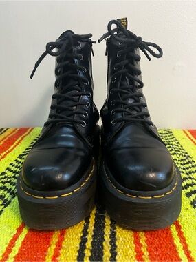 Dr. Martens Black Platform Lace-Up Combat Boots with Yellow Stitching